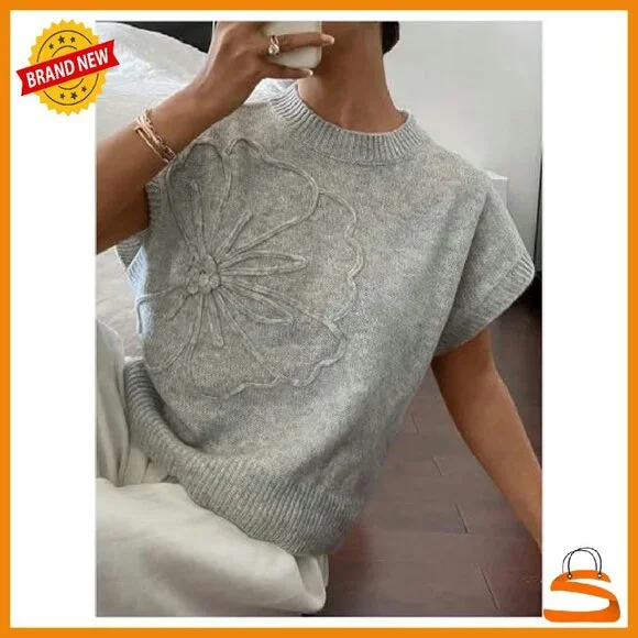 Short Sleeve 3D Floral Pullover Sweater Lightweight Knit Top - Picture 5 of 6